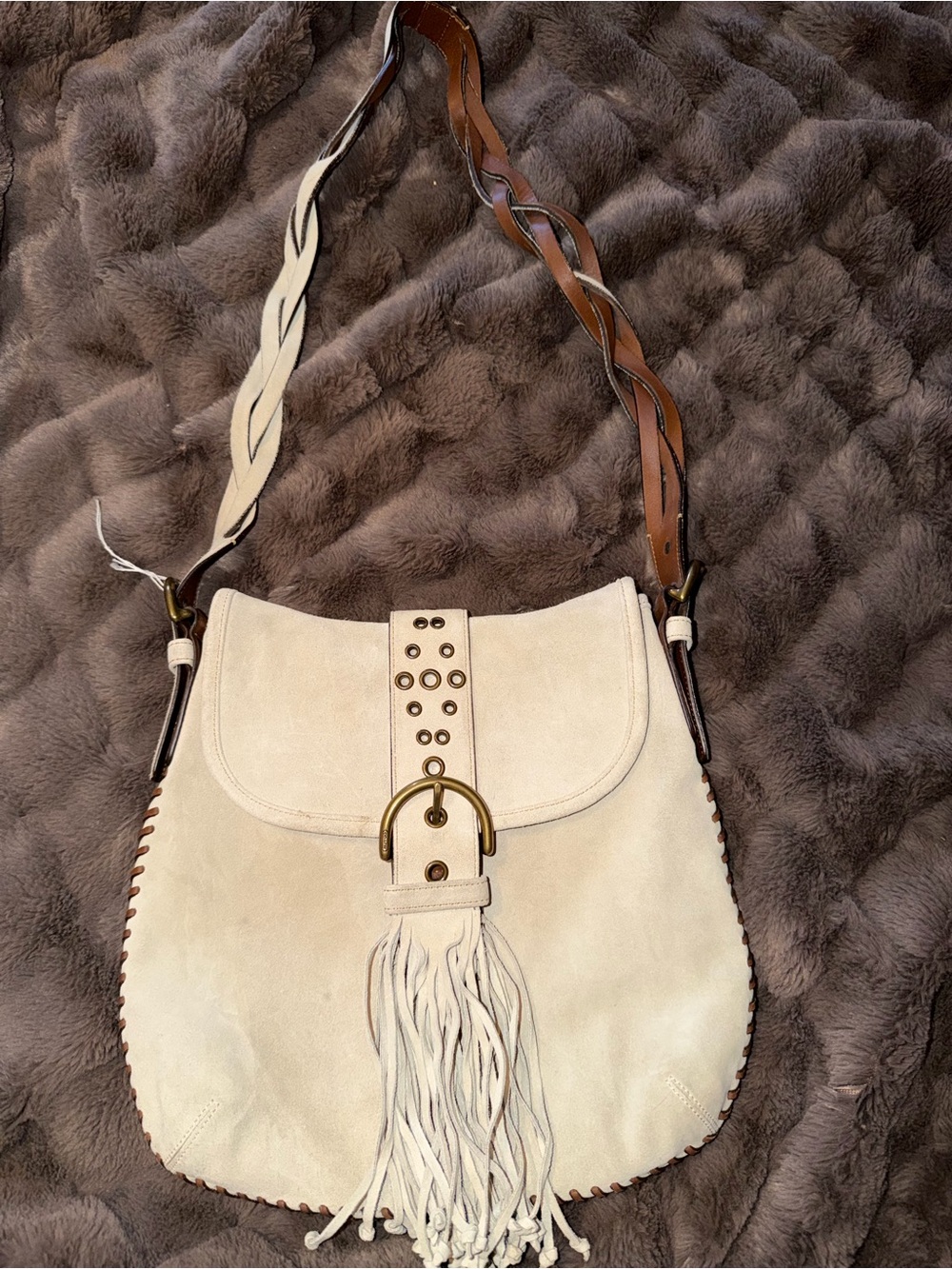 Cream Fringe 9484 Legacy Suede Shoulder Bag with Braided Strap